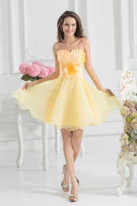Yellow Strapless Hand Made Flower Organza Prom Dress