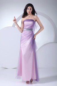 Pink Taffeta And Tulle Ankle-length Strapless Prom Dress Sash