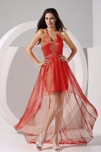 Halter Embroidery Taffeta And Organza High-low Prom Dress