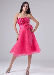 Sweetheart Organza Knee-length Hand Made Flowers Prom Dress Hot Pink