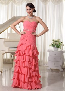 Watermelon Red Chiffon Layered Column Prom Dress With Sweetheart Ruched Up Bodice and Beading Decora