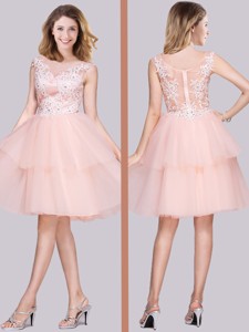 Pretty See Through Cap Sleeves Baby Pink Prom Dress with Appliques