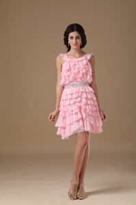 Pink Scoop Mini-length Chiffon Beading Prom Dress