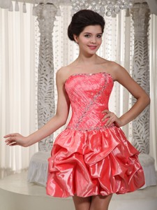Watermelon Princess Strapless Mini-length Taffeta Beaded Prom Cocktail Dress