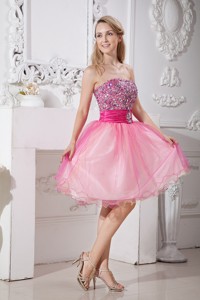 Pink Strapless Short Prom Dress Taffeta And Organza Beading Knee-length