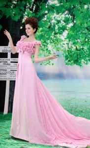 Bbay Pink White Flowers Decorate Prom Dress With Lace Sequare Neckline In Cordova