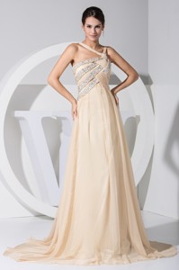 Beaings Decorated Sweep Train Prom Gown Dress with Asymmetrical Neckline