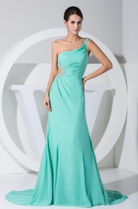 Diamonds One Shoulder Brush Train Prom Gown Dress with Cutout Waist
