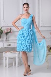 Blue Ruffled Layers One Shoulder Watteau Train Prom Dress