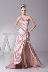 Beading And High Slit Decorated One Shoulder Brush Train Prom Dress