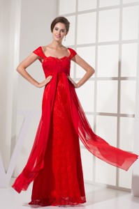 Column Cap Sleeves Square Zipper-up Back Prom Gowns in Red