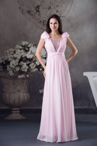Beading and Ruching Accent Pink Prom Celebrity Dress with Cap Sleeves