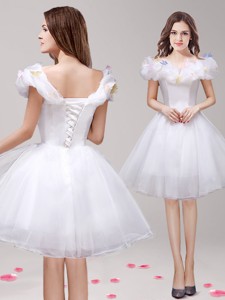 Lovely Off the Shoulder Cap Sleeves Prom Dress with Appliques and Ruffles