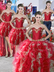 Wonderful Red And Champagne Organza Detachable Quinceanera Dress With Appliques And Ruffles