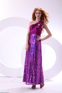 Column One Shoulder Purple Ankle-length Sequins Paillette Prom Dress