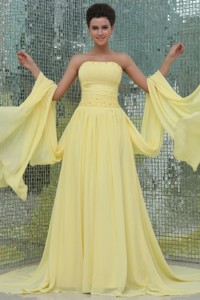 Strapless Beading And Ruching Chiffon Light Yellow Prom Dress