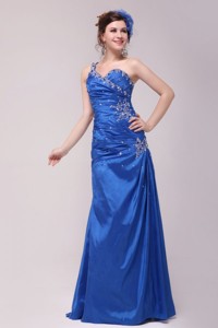 Cheap Column One Shoulder Blue Floor-length Beading Prom Dress