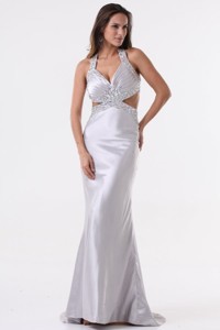 Brush Train Silver Column Halter Top Prom Dress with Beading
