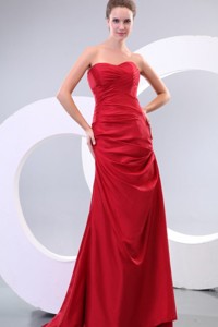 Red Column Sweetheart Brush Train Affordable Ruching Prom Dress with Lace Up