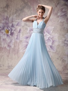 Lovely Baby Blue Halter Prom Dress Chiffon Beading Floor-length