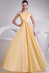 Beading And Ruching Decorate One Shoulder Yellow Taffeta Prom Dress Floor-length