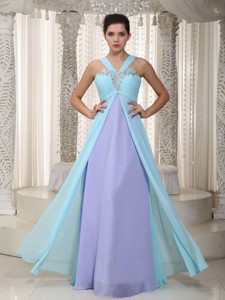 Aqua Blue and Lavender Empire Straps Floor-length Chiffon Beading Prom Dress