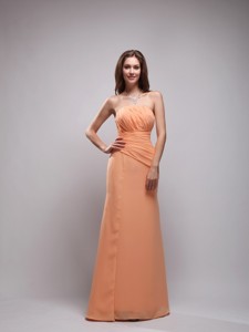 Orange Column Strapless Floor-length Chiffon Ruch Bridesmaid Dress
