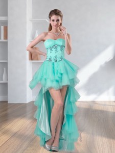 High Low Turquoise Sweetheart Prom Dress With Embroidery