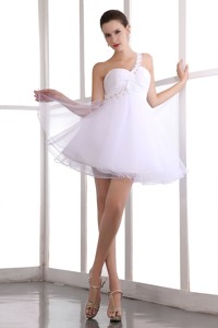 White One Shoulder Short Prom Dress Organza Beading Mini-length
