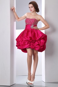 Hot Pink Strapless Mini-length Taffeta Beading Prom Dress