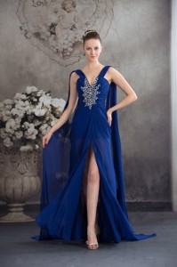 Beaded and Ruched Royal Blue Prom Formal Dress with Watteau Train