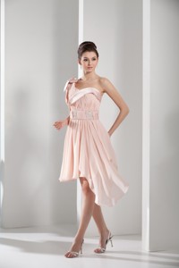 Light Pink One Shoulder Ruching And Beading Prom Dress