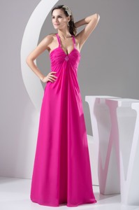 Straps Floor-length Hot Pink Prom Gown Decorated with Beadings
