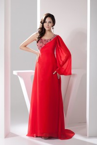 Asymmetrical Neckline Brush Train Prom Gown with Single Long Sleeve