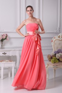 Watermelon Sash Strapless Empire Long Prom Dress