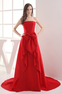 Red Bowknot Brush Train Taffeta Prom Dress