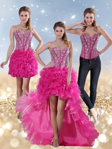 Hot Pink High Low Sweetheart Prom Dress With Beading And Ruffled Layers