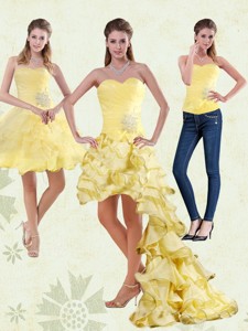 Yellow Sweetheart High Low Prom Dress With Beading And Ruffled Layers