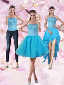 Puffy Aqua Blue Strapless Short Prom Dress With Beading