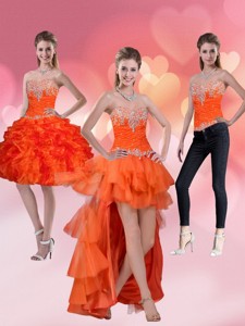 High Low Sweetheart Orange Red Prom Dress With Ruffles And Beading