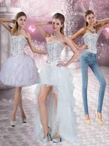 New Style Strapless White Prom Dress With Ruffles And Beading