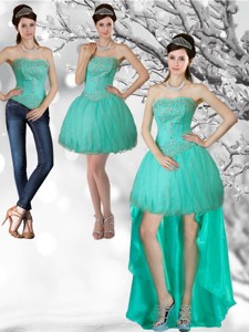 Unique Apple Green Strapess High Low Prom Dress With Beading