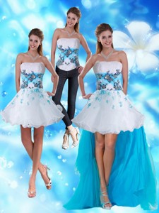 Strapless White And Blue Prom Dress With Appliques And Beading