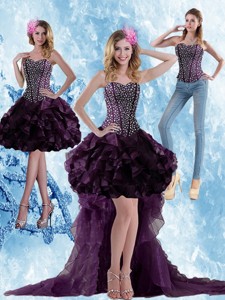 Elegant High Low Dark Purple Prom Dress with Ruffled Layers and Beading