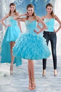 Delicate Sweetheart Baby Blue Prom Gown With Appliques And Ruffles