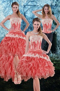 Inexpensive Appliques And Ruffles Strapless Prom Dress In Watermelon