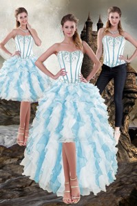 Elegant Sweetheart White And Blue Prom Dress With Appliques And Ruffles