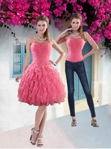 Pretty Strapless Watermelon Prom Dress With Beading And Ruffles