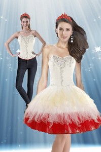 Perfect White And Red Prom Dress With Beading And Ruffled Layers