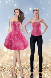 Elegant Strapless Coral Red Prom Dress With Beading And Ruffles